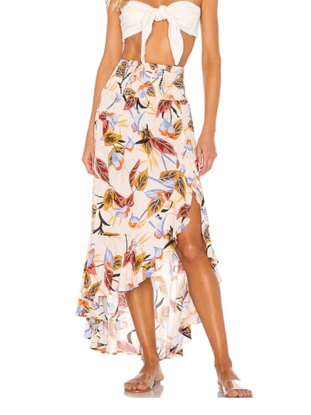 l*space White Floral High-Low Maxi Skirt with Multicolor Leaf Print